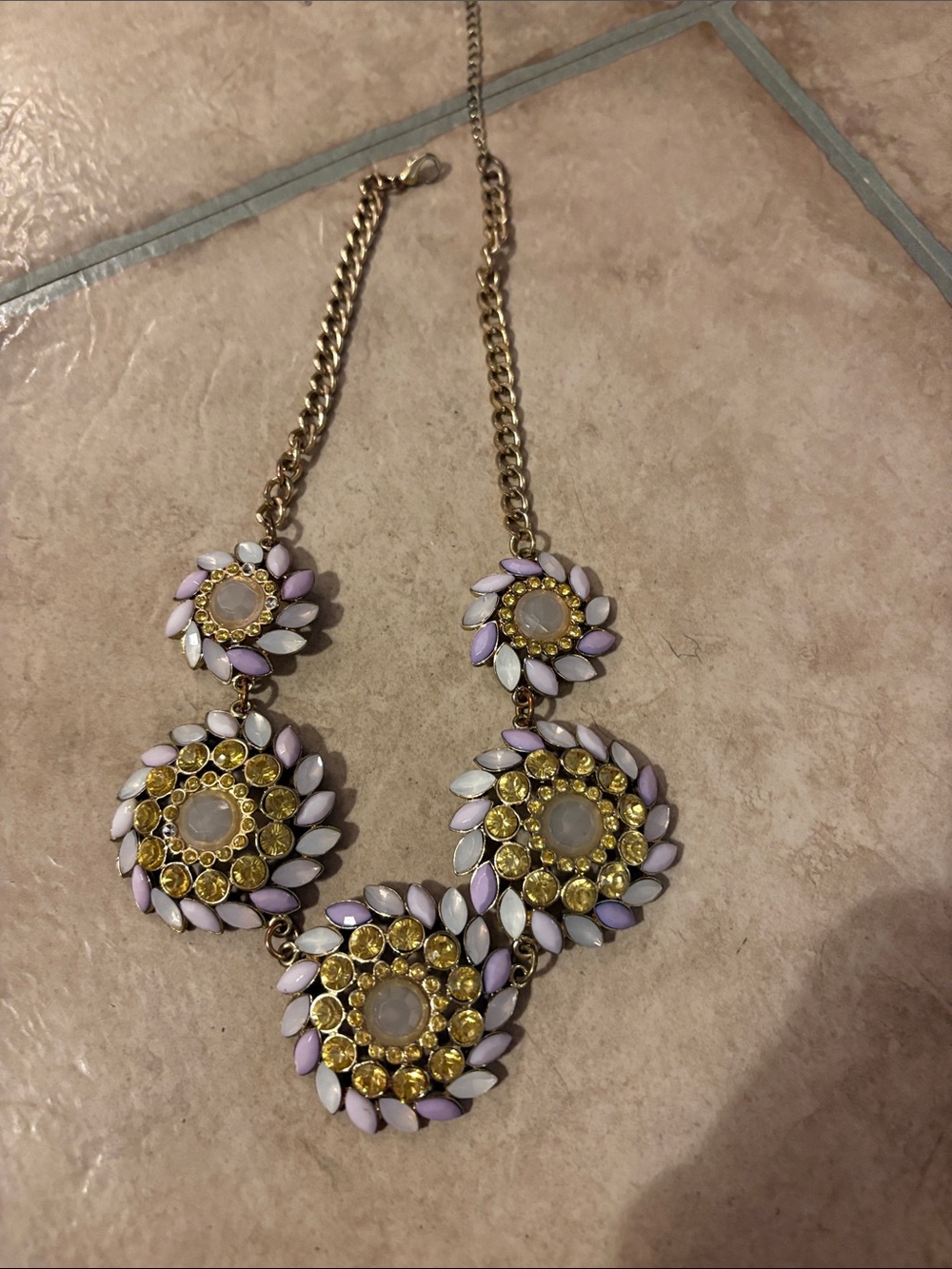 Statement Gold-Tone Floral Necklace with Yellow and Lavender Accents